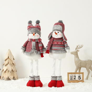 Снежен човек кукла – коледен сувенир, плетена тъкан, плат и хартия, разтегателна фигура, настолен декор