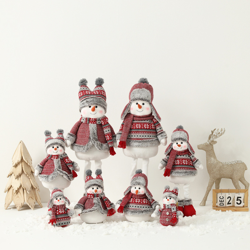 Снежен човек кукла – коледен сувенир, плетена тъкан, плат и хартия, разтегателна фигура, настолен декор