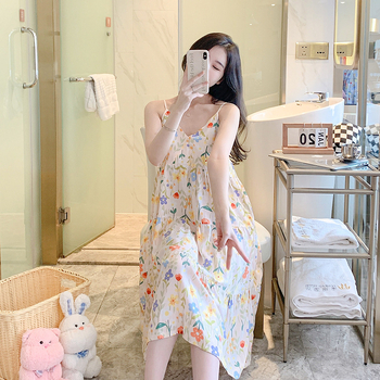 Nočná košeľa z bavlno-saténu, bez rukávov, okrúhly výstrih, stredná dĺžka, ľahká a priedušná letná nočná bielizeň