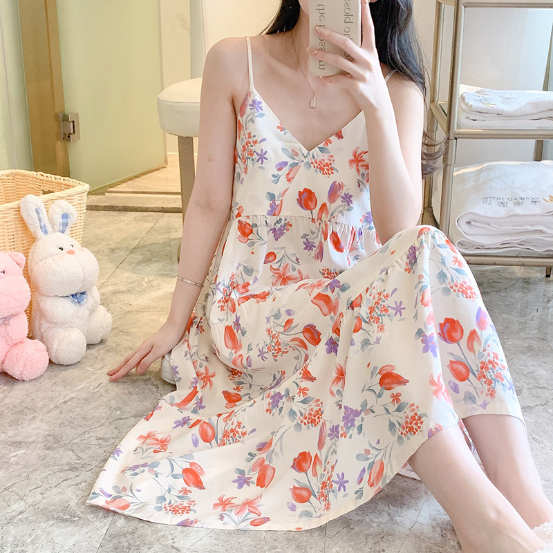 Nočná košeľa z bavlno-saténu, bez rukávov, okrúhly výstrih, stredná dĺžka, ľahká a priedušná letná nočná bielizeň