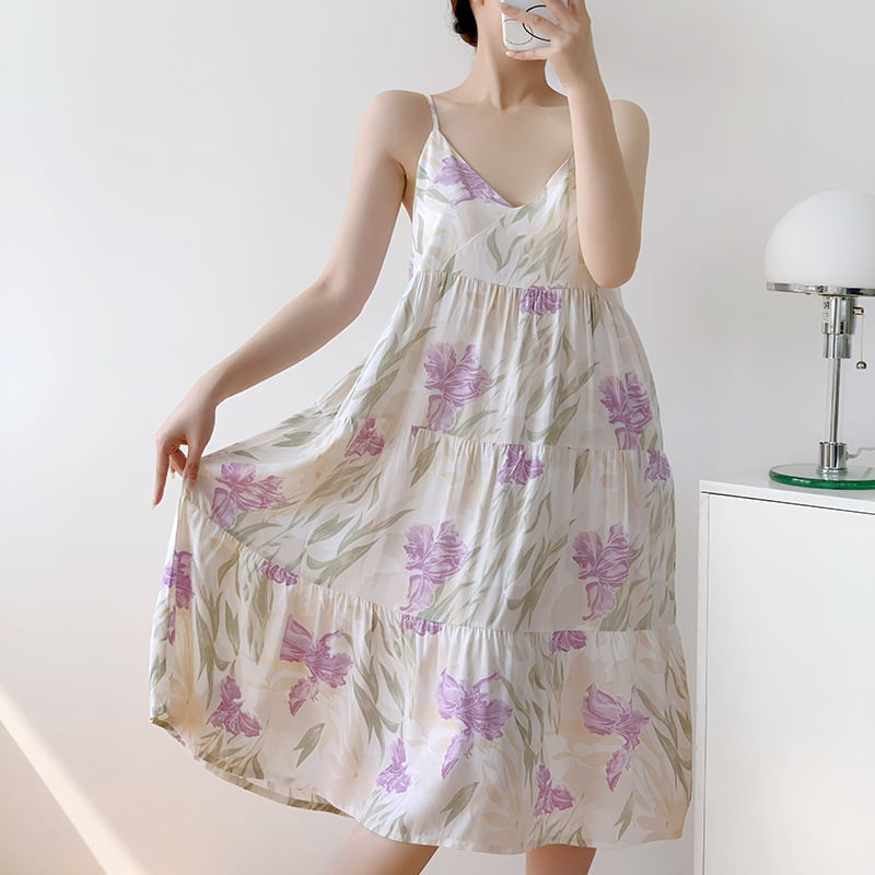 Nočná košeľa z bavlno-saténu, bez rukávov, okrúhly výstrih, stredná dĺžka, ľahká a priedušná letná nočná bielizeň