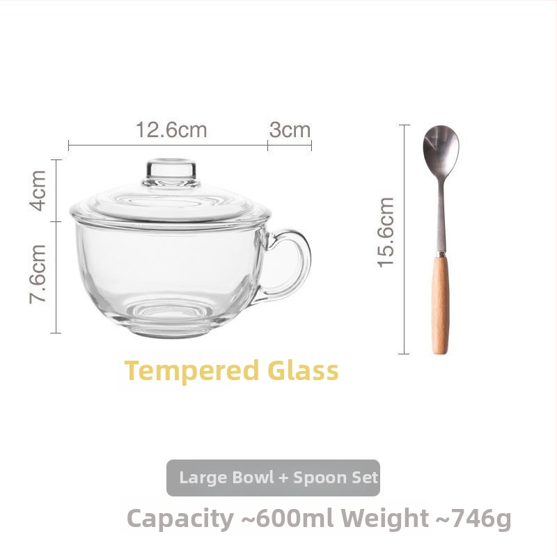 Γυάλινο μπολ πρωινού με καπάκι και λαβή για κουτάλι — κατάλληλο για γιαούρτι, βρώμη και γάλα; ανθεκτικό στη θερμοκρασία, κατασκευή πολλών στρώσεων