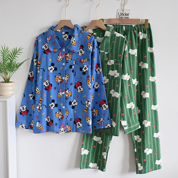 Női koreai stílusú pizsama kardigánnal, reveres galléval, cartoon mintával, 100% pamut