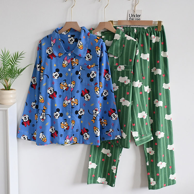 Női koreai stílusú pizsama kardigánnal, reveres galléval, cartoon mintával, 100% pamut