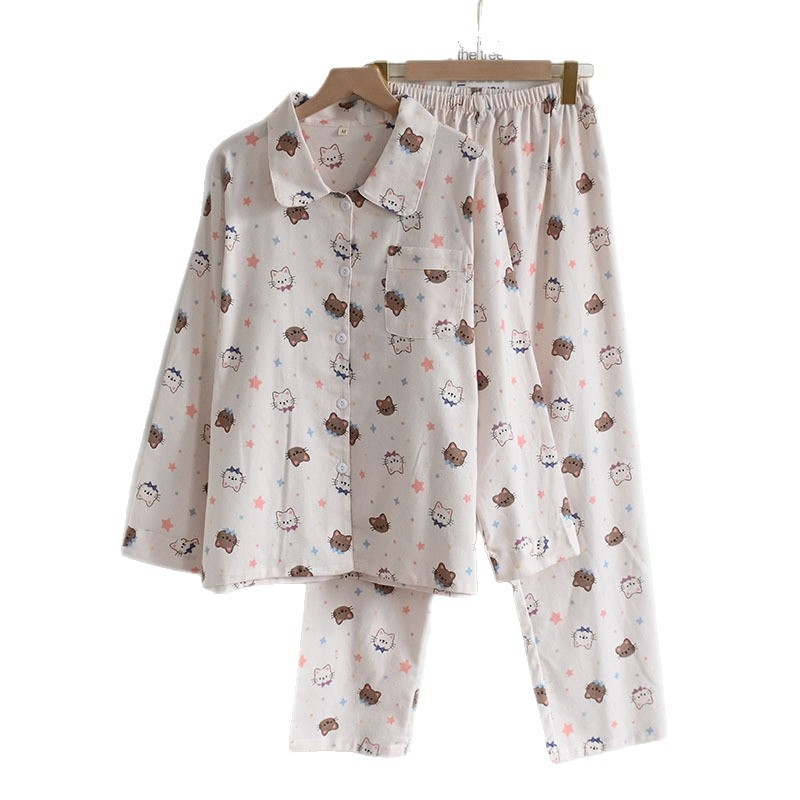 Női koreai stílusú pizsama kardigánnal, reveres galléval, cartoon mintával, 100% pamut