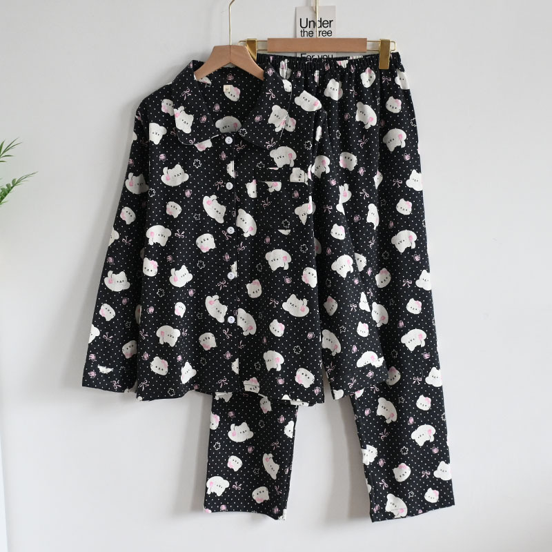 Női koreai stílusú pizsama kardigánnal, reveres galléval, cartoon mintával, 100% pamut
