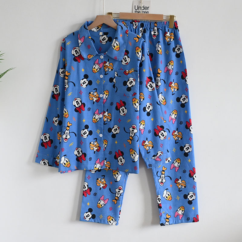 Női koreai stílusú pizsama kardigánnal, reveres galléval, cartoon mintával, 100% pamut