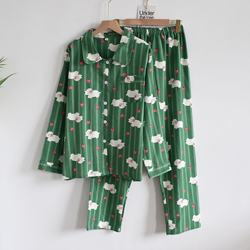 Női koreai stílusú pizsama kardigánnal, reveres galléval, cartoon mintával, 100% pamut