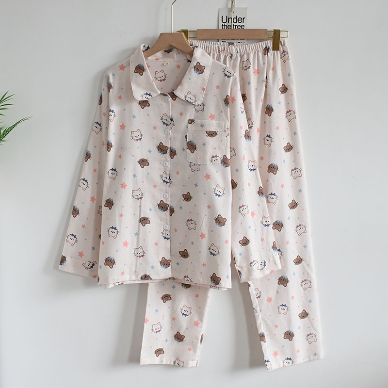 Női koreai stílusú pizsama kardigánnal, reveres galléval, cartoon mintával, 100% pamut