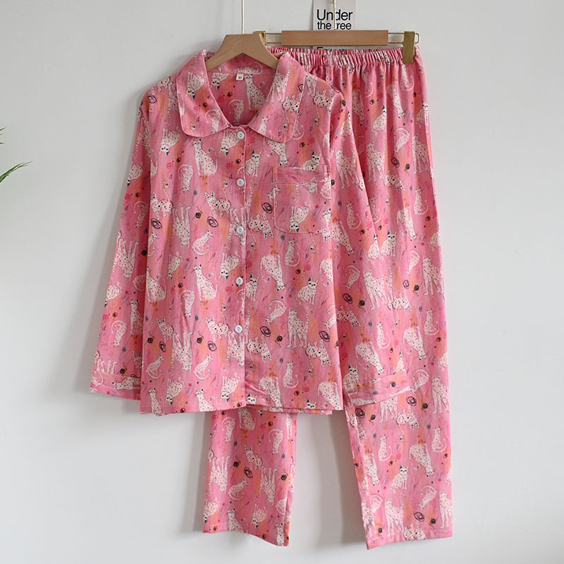 Női koreai stílusú pizsama kardigánnal, reveres galléval, cartoon mintával, 100% pamut