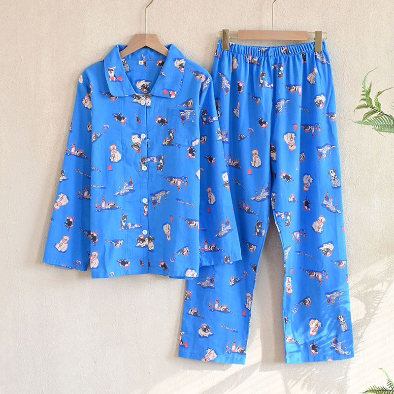 Női koreai stílusú pizsama kardigánnal, reveres galléval, cartoon mintával, 100% pamut