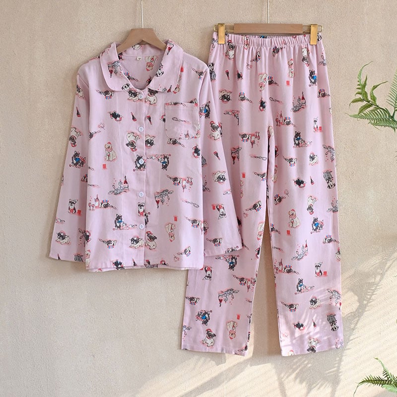 Női koreai stílusú pizsama kardigánnal, reveres galléval, cartoon mintával, 100% pamut