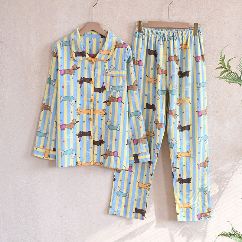 Női koreai stílusú pizsama kardigánnal, reveres galléval, cartoon mintával, 100% pamut