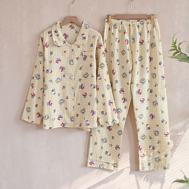 Női koreai stílusú pizsama kardigánnal, reveres galléval, cartoon mintával, 100% pamut