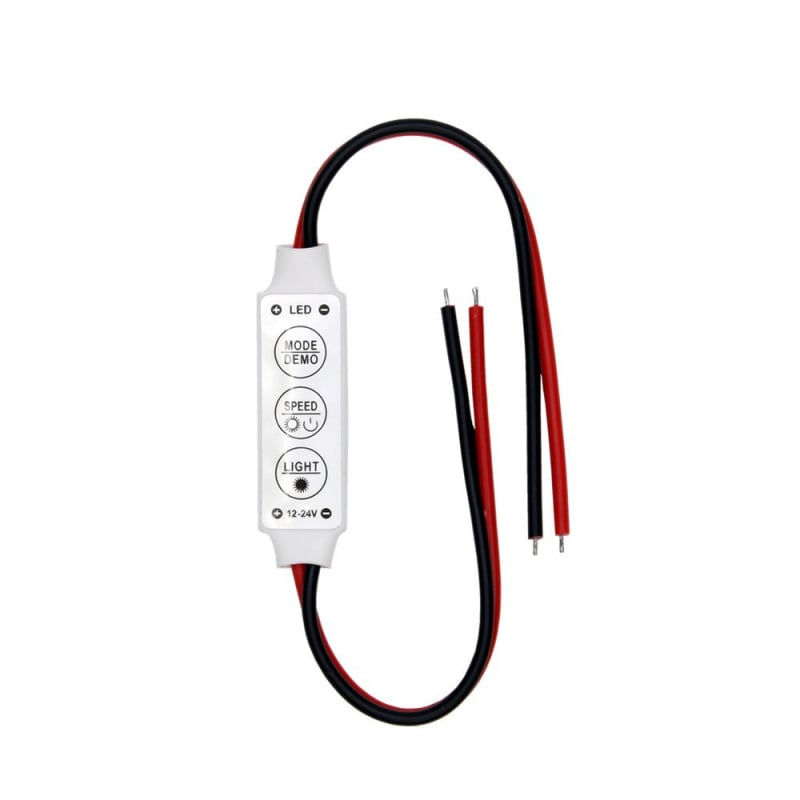 LED dimer do skrine s ručným otáčacím ovládačom, plynulé stmievanie 0–100%, DC 5V/12–24V, DC výstupná línia