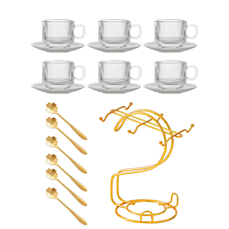 Stiklo puodelių laikymo metalinis rėmas – Europos stiliaus kavos puodelių ir padėkliukų rinkinys