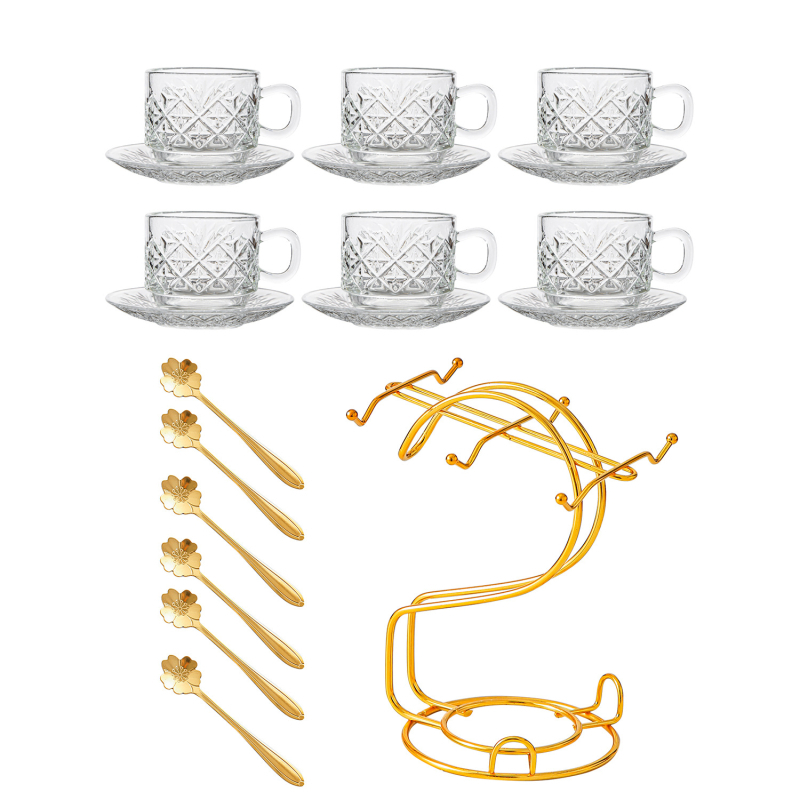 Stiklo puodelių laikymo metalinis rėmas – Europos stiliaus kavos puodelių ir padėkliukų rinkinys