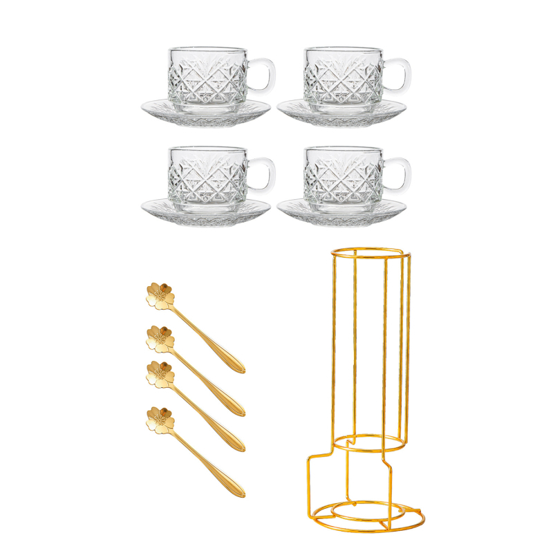 Stiklo puodelių laikymo metalinis rėmas – Europos stiliaus kavos puodelių ir padėkliukų rinkinys