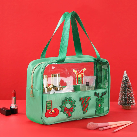 Taška na make-up z PVC, oválny tvar, zapínanie na zips, retiazková rukoväť, viacfunkčná a prenosná