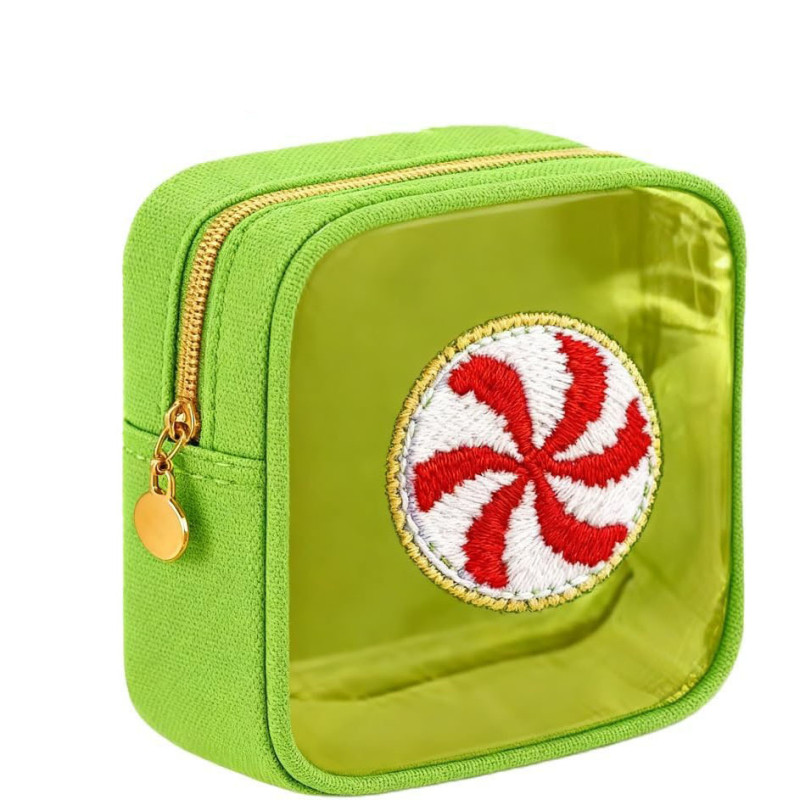 Taška na make-up z PVC, oválny tvar, zapínanie na zips, retiazková rukoväť, viacfunkčná a prenosná