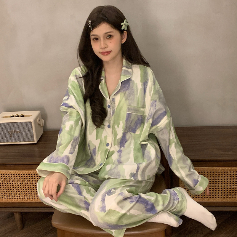 Ženski pidžama set s kariranim uzorkom i slatkim karikaturama, kardigan, dugi rukavi, dugi hlače, pleteni poliester materijal, srednja gustoća