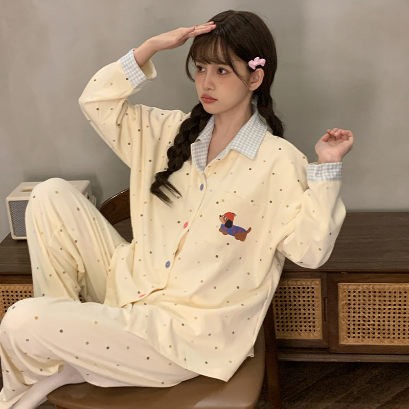 Ženski pidžama set s kariranim uzorkom i slatkim karikaturama, kardigan, dugi rukavi, dugi hlače, pleteni poliester materijal, srednja gustoća