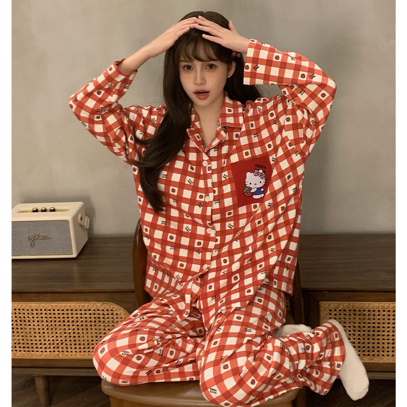 Ženski pidžama set s kariranim uzorkom i slatkim karikaturama, kardigan, dugi rukavi, dugi hlače, pleteni poliester materijal, srednja gustoća