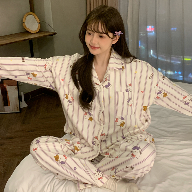 Ženski pidžama set s kariranim uzorkom i slatkim karikaturama, kardigan, dugi rukavi, dugi hlače, pleteni poliester materijal, srednja gustoća