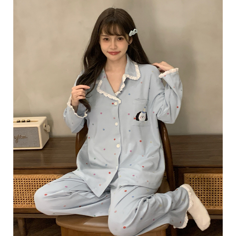 Ženski pidžama set s kariranim uzorkom i slatkim karikaturama, kardigan, dugi rukavi, dugi hlače, pleteni poliester materijal, srednja gustoća