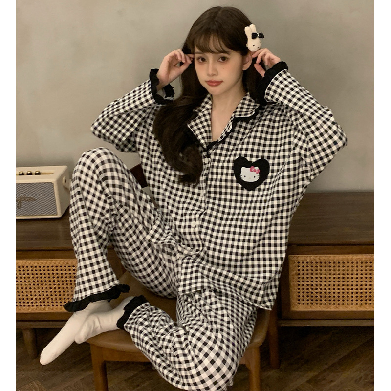 Ženski pidžama set s kariranim uzorkom i slatkim karikaturama, kardigan, dugi rukavi, dugi hlače, pleteni poliester materijal, srednja gustoća