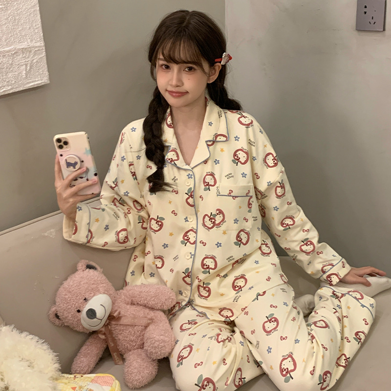 Ženski pidžama set s kariranim uzorkom i slatkim karikaturama, kardigan, dugi rukavi, dugi hlače, pleteni poliester materijal, srednja gustoća