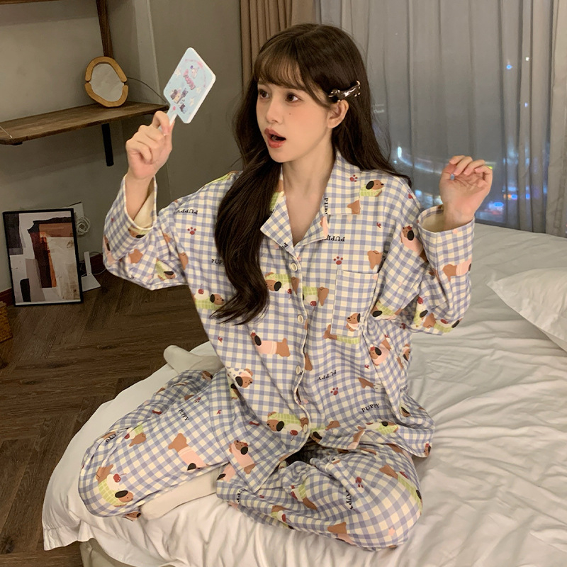 Ženski pidžama set s kariranim uzorkom i slatkim karikaturama, kardigan, dugi rukavi, dugi hlače, pleteni poliester materijal, srednja gustoća