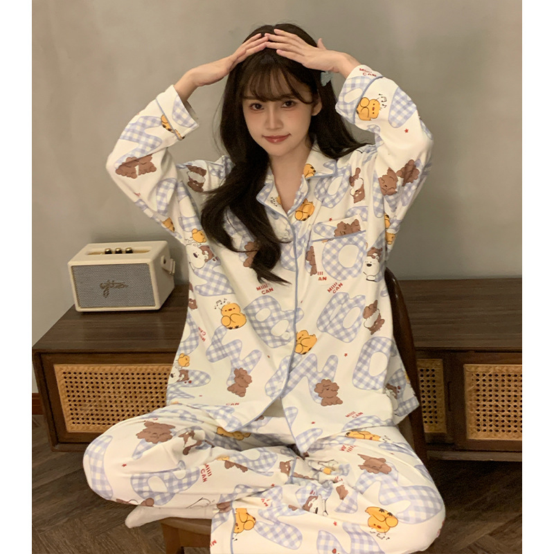 Ženski pidžama set s kariranim uzorkom i slatkim karikaturama, kardigan, dugi rukavi, dugi hlače, pleteni poliester materijal, srednja gustoća