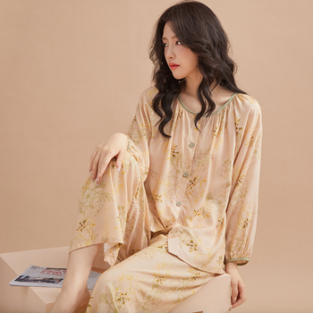 Ženski set pidžama s kardiganom, materijal regenerirana celuloza, tanak materijal 101–120 g/m2, dugi rukav, uzorak u nacionalnom stilu