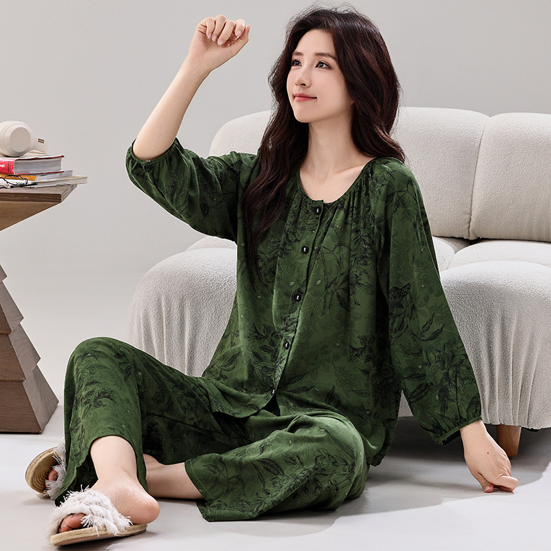 Ženski set pidžama s kardiganom, materijal regenerirana celuloza, tanak materijal 101–120 g/m2, dugi rukav, uzorak u nacionalnom stilu