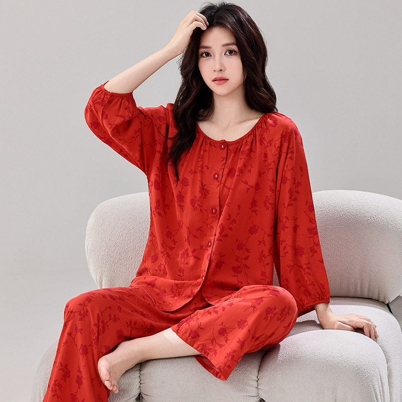 Ženski set pidžama s kardiganom, materijal regenerirana celuloza, tanak materijal 101–120 g/m2, dugi rukav, uzorak u nacionalnom stilu