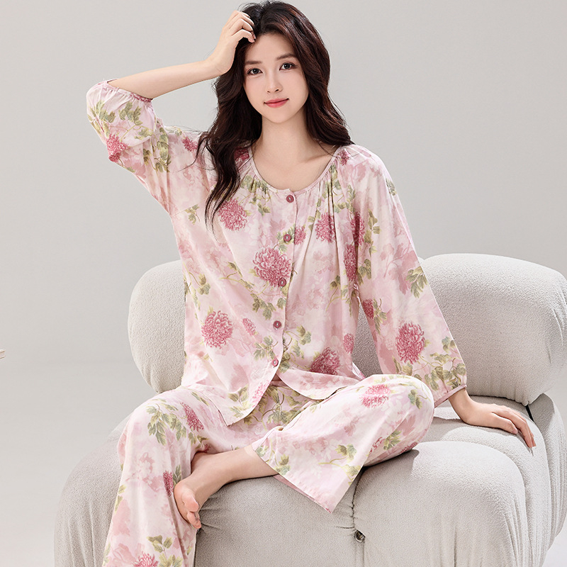 Ženski set pidžama s kardiganom, materijal regenerirana celuloza, tanak materijal 101–120 g/m2, dugi rukav, uzorak u nacionalnom stilu