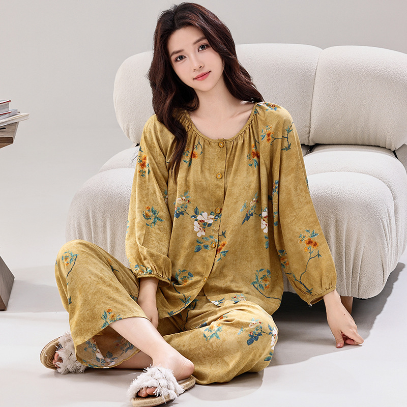 Ženski set pidžama s kardiganom, materijal regenerirana celuloza, tanak materijal 101–120 g/m2, dugi rukav, uzorak u nacionalnom stilu