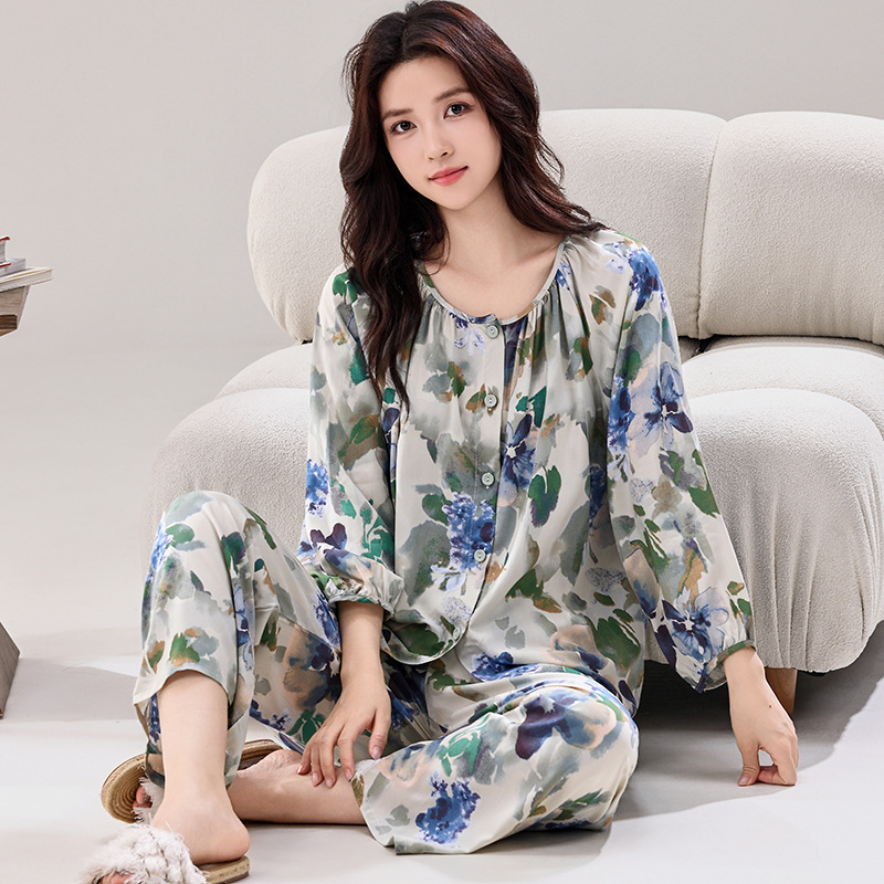 Ženski set pidžama s kardiganom, materijal regenerirana celuloza, tanak materijal 101–120 g/m2, dugi rukav, uzorak u nacionalnom stilu