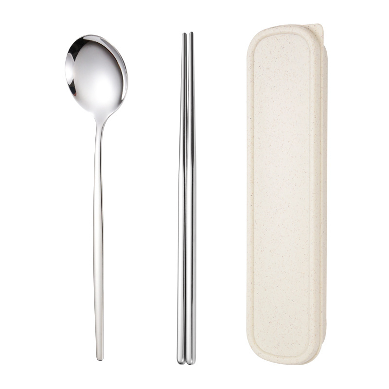 Nerezový jedálenský set (tri diely: lyžička, paličky, vidlička) — 410 nerezová oceľ, zrkadlové leštenie, prenosný