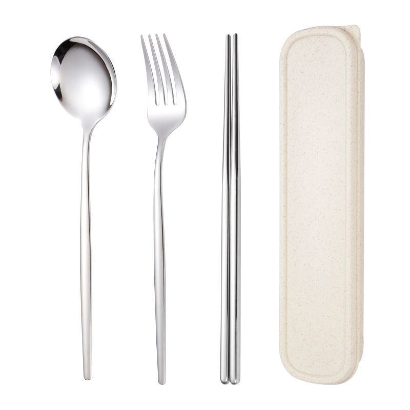 Nerezový jedálenský set (tri diely: lyžička, paličky, vidlička) — 410 nerezová oceľ, zrkadlové leštenie, prenosný