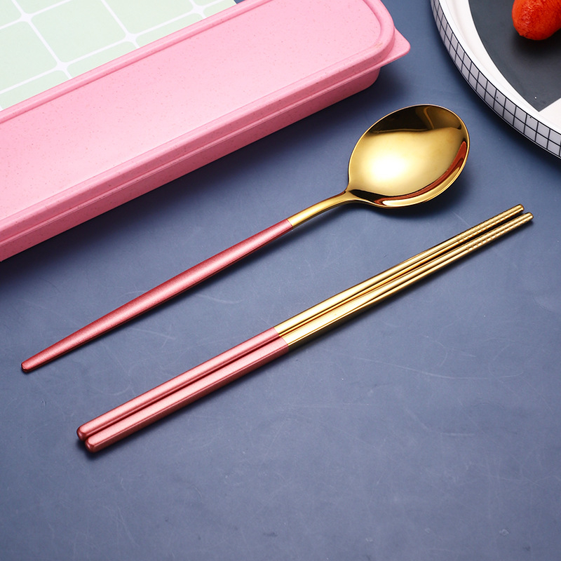 Nerezový jedálenský set (tri diely: lyžička, paličky, vidlička) — 410 nerezová oceľ, zrkadlové leštenie, prenosný