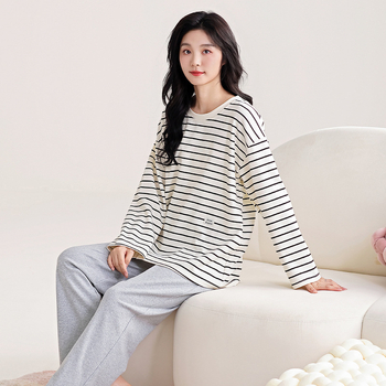 Ženski set pidžama od 100% pamuka, dugi rukavi, pulover s okruglim izrezom, udoban slobodan kroj, srednja težina pamuka, pogodan za proljeće i jesen