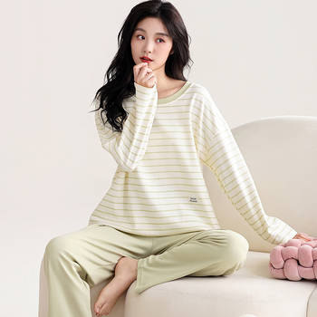 Ženski set pidžama od 100% pamuka, dugi rukavi, pulover s okruglim izrezom, udoban slobodan kroj, srednja težina pamuka, pogodan za proljeće i jesen