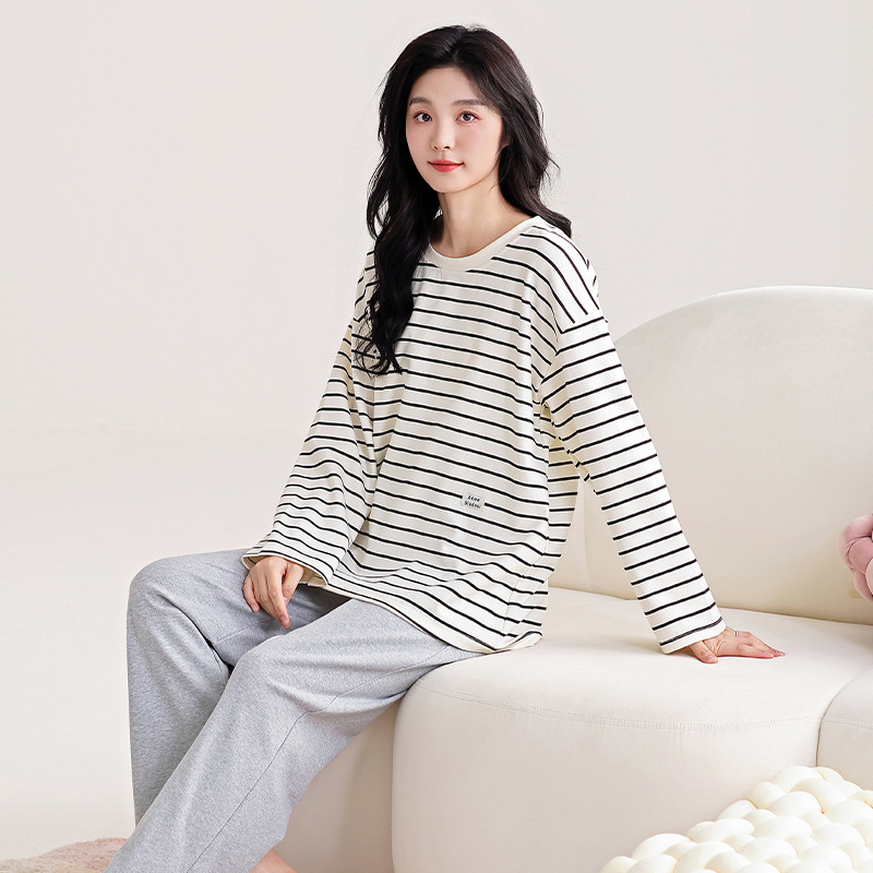 Ženski set pidžama od 100% pamuka, dugi rukavi, pulover s okruglim izrezom, udoban slobodan kroj, srednja težina pamuka, pogodan za proljeće i jesen