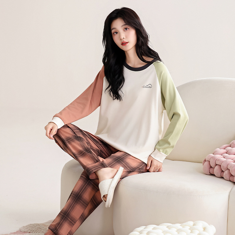 Ženski set pidžama od 100% pamuka, dugi rukavi, pulover s okruglim izrezom, udoban slobodan kroj, srednja težina pamuka, pogodan za proljeće i jesen