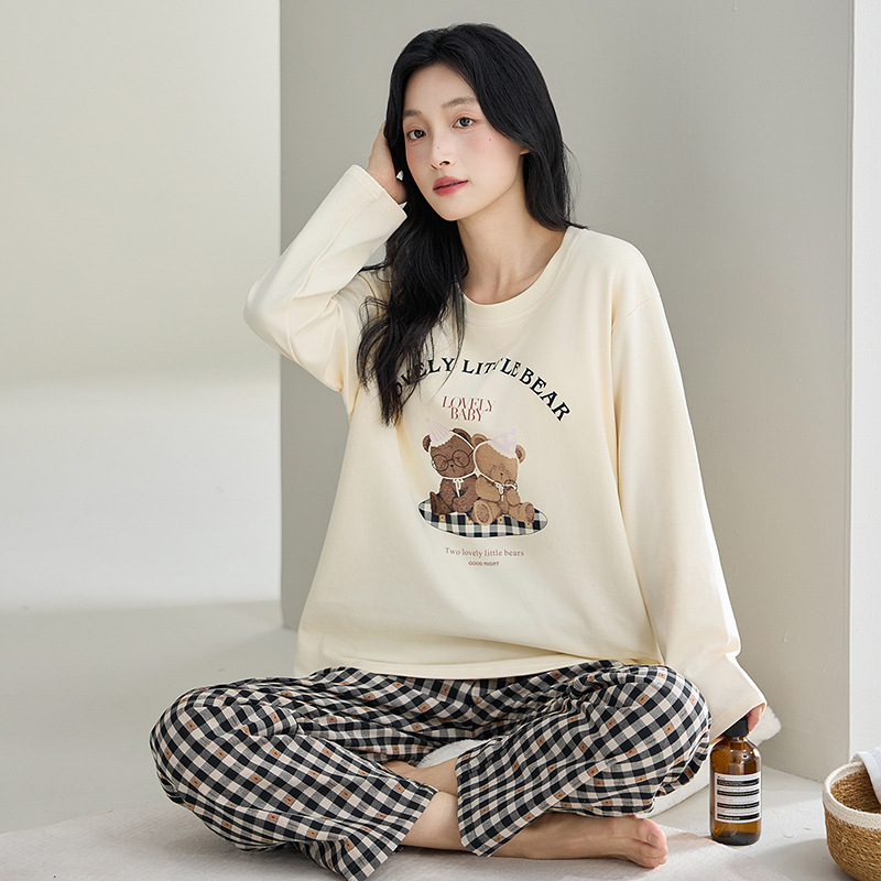 Ženski set pidžama od 100% pamuka, dugi rukavi, pulover s okruglim izrezom, udoban slobodan kroj, srednja težina pamuka, pogodan za proljeće i jesen