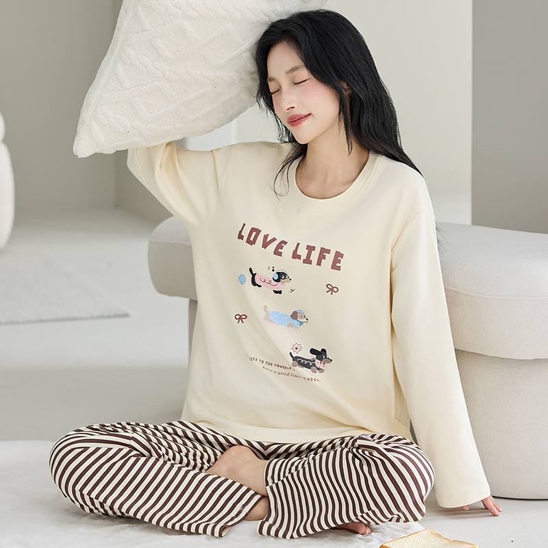 Ženski set pidžama od 100% pamuka, dugi rukavi, pulover s okruglim izrezom, udoban slobodan kroj, srednja težina pamuka, pogodan za proljeće i jesen