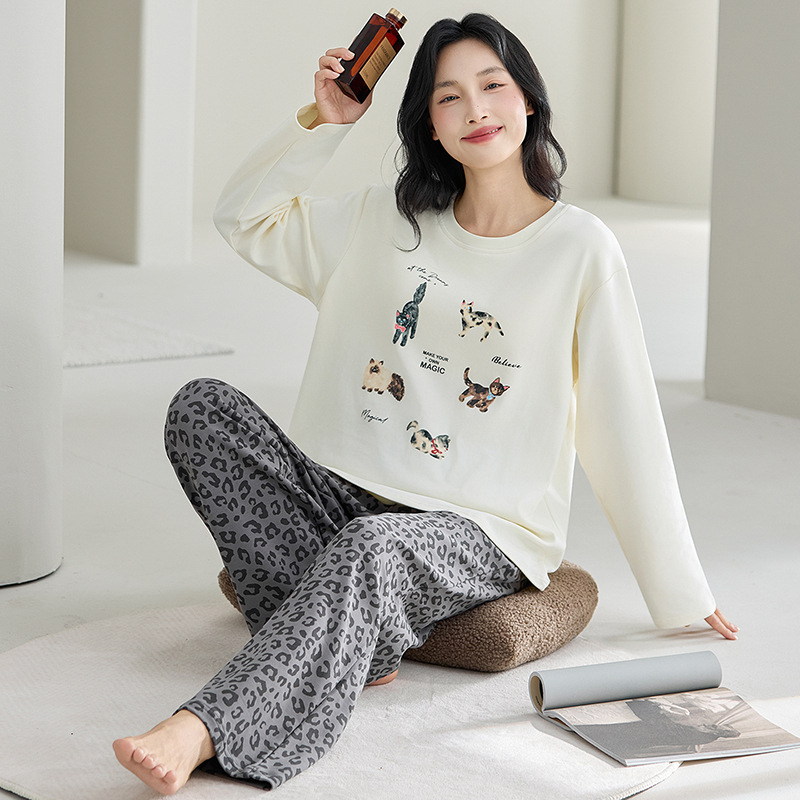 Ženski set pidžama od 100% pamuka, dugi rukavi, pulover s okruglim izrezom, udoban slobodan kroj, srednja težina pamuka, pogodan za proljeće i jesen