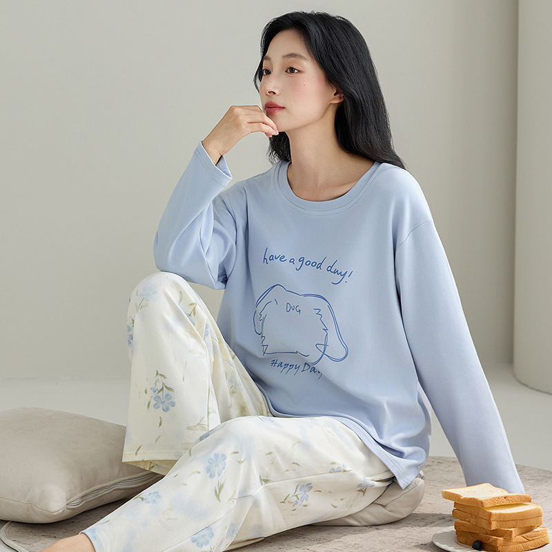 Ženski set pidžama od 100% pamuka, dugi rukavi, pulover s okruglim izrezom, udoban slobodan kroj, srednja težina pamuka, pogodan za proljeće i jesen